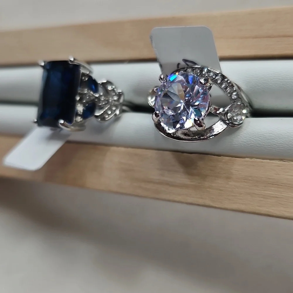 Ladies Lot of 2 Fashion Rhinestone Crystal Cocktail Rings Silver Plated Elegant